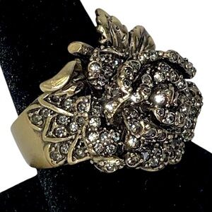 Heidi Daus Crystal Rose Ring Gold Tone Antiqued Black Finish Floral - Size 8.5